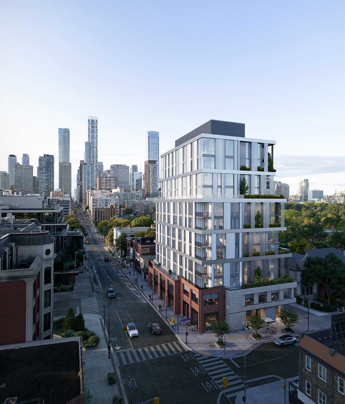 An aerial view of One Roxborough West by North Drive - new condos in Summerhill, Toronto